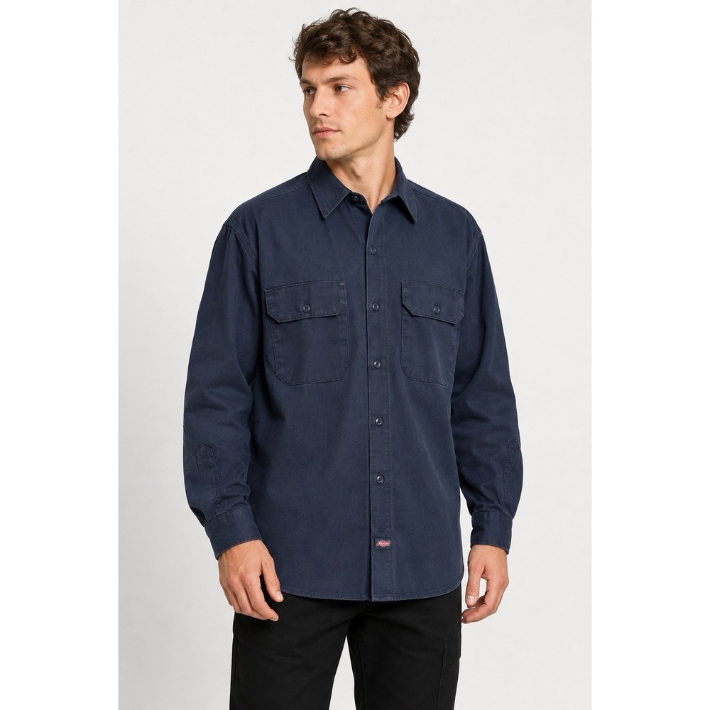 Dickies Mens Large Navy Long Sleeve Work Shirt Reinforced Elbows Mechanic